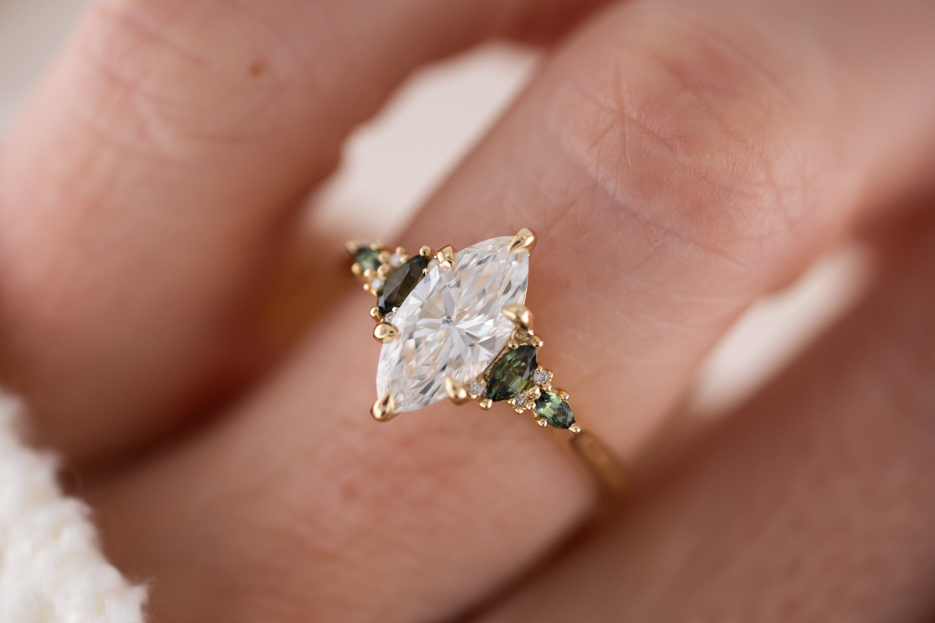 The Maeve Ring | 1.5 CT Marquise Diamond + Dark Green Sapphire