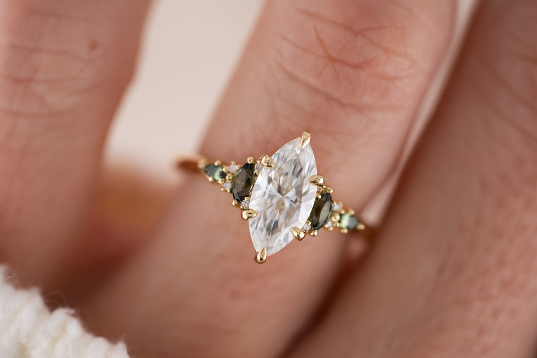 The Maeve Ring | 1.5 CT Marquise Diamond + Dark Green Sapphire