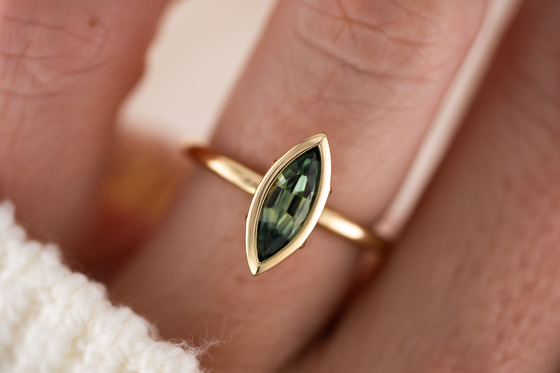 The Bezel Secret Garden Ring | 0.98 CT Marquise Green Sapphire - Lavender Creek Gems 