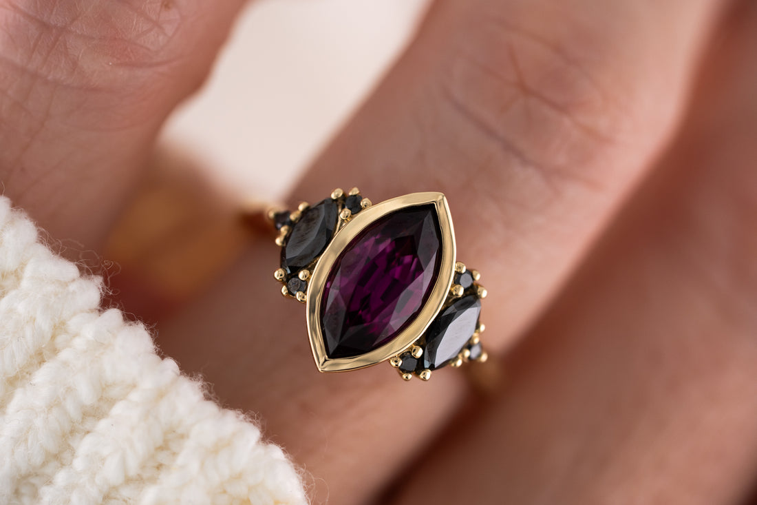 The Bezel Maren Ring | 2.4 CT Marquise Amaranth Purple Garnet - Lavender Creek Gems 