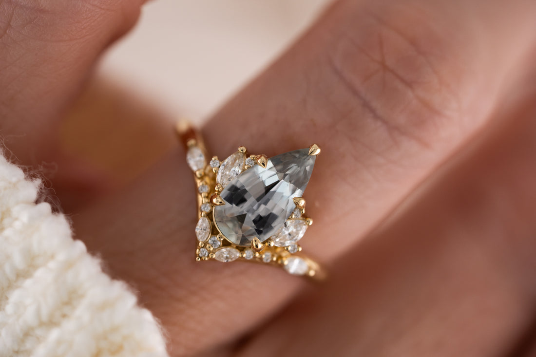 The Aurora Ring | 1.83 CT Pear Pale Teal/Steel Blue Sapphire