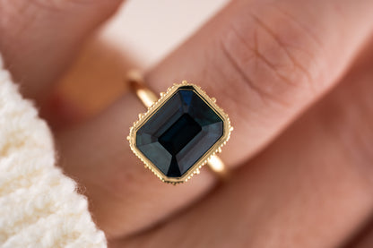 The Sitara Ring | 5.53 CT Emerald Cut Teal Sapphire
