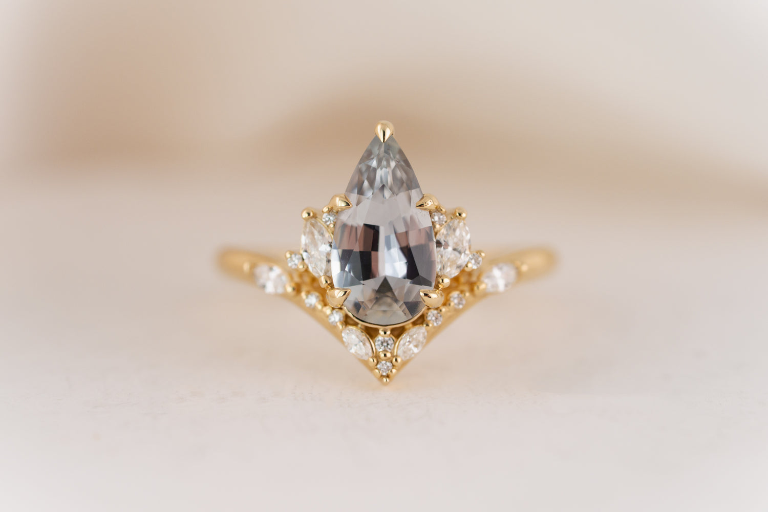 The Aurora Ring | 1.83 CT Pear Pale Teal/Steel Blue Sapphire
