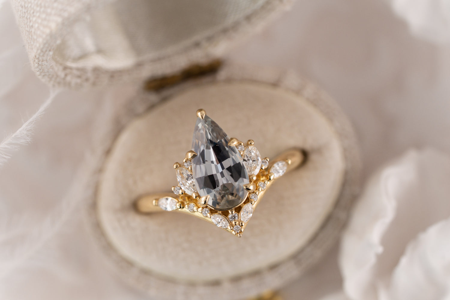 The Aurora Ring | 1.83 CT Pear Pale Teal/Steel Blue Sapphire