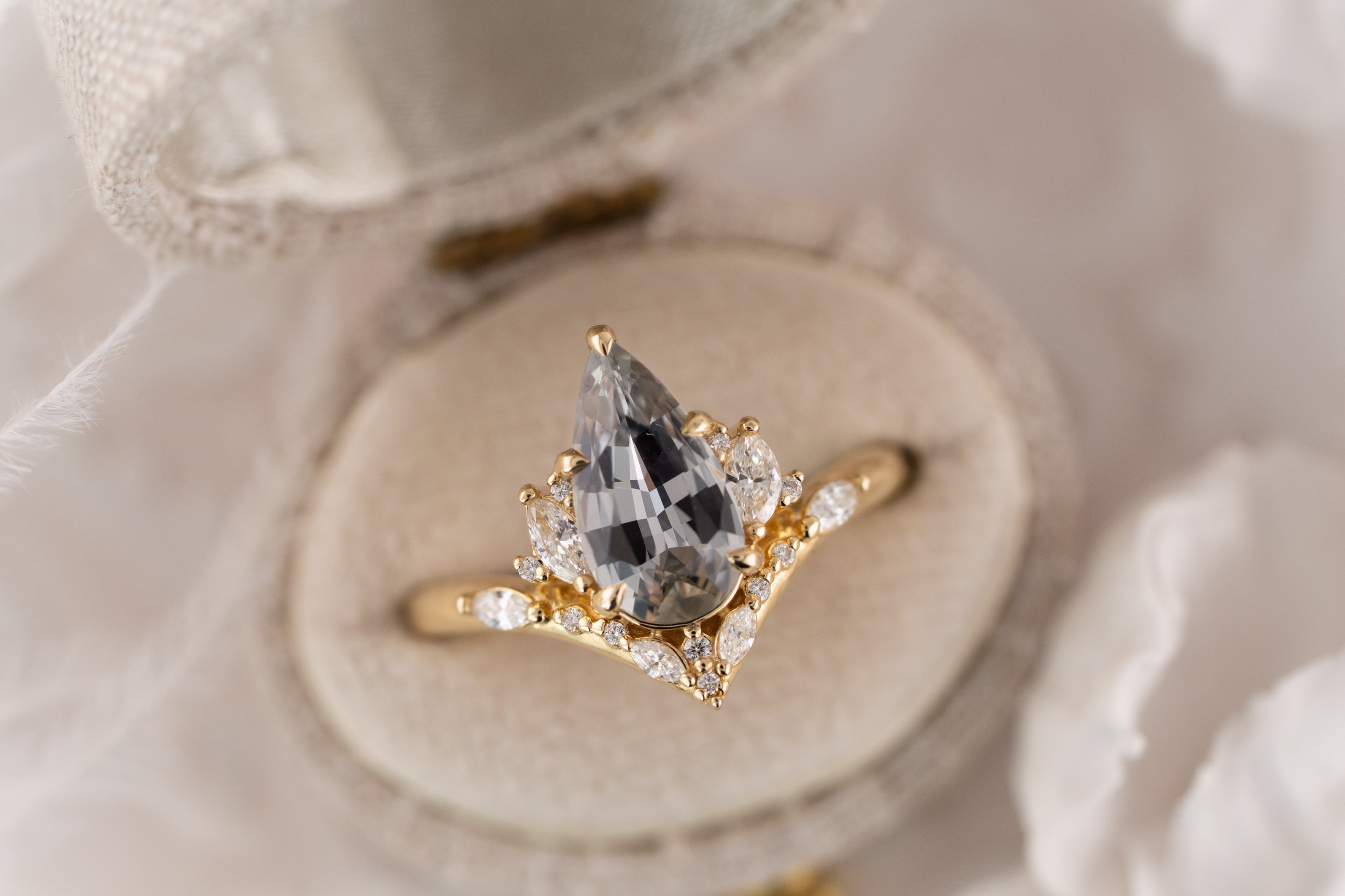 The Aurora Ring | 1.83 CT Pear Pale Teal/Steel Blue Sapphire