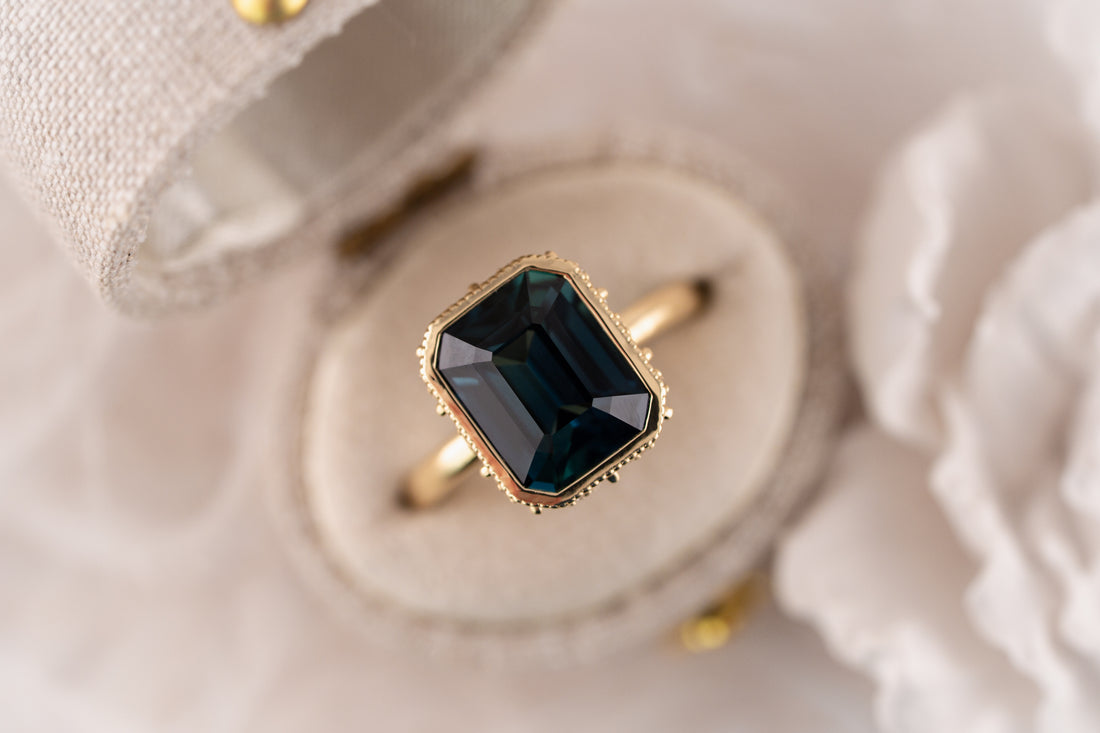 The Sitara Ring | 5.53 CT Emerald Cut Teal Sapphire