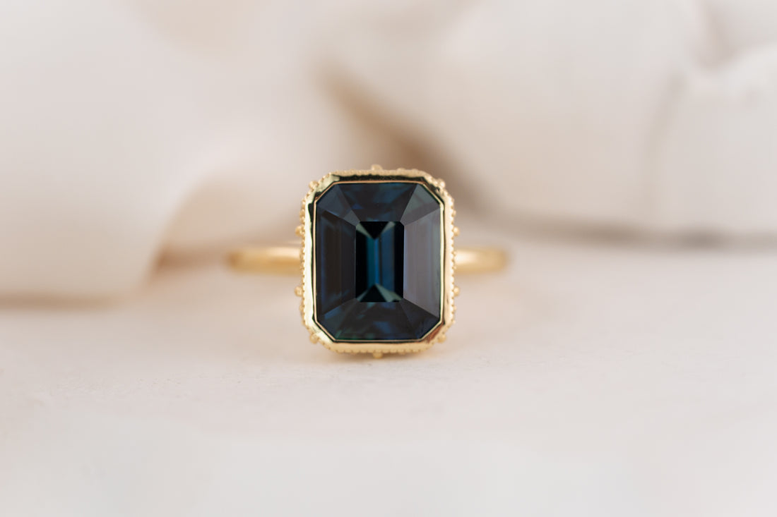 The Sitara Ring | 5.53 CT Emerald Cut Teal Sapphire - Lavender Creek Gems