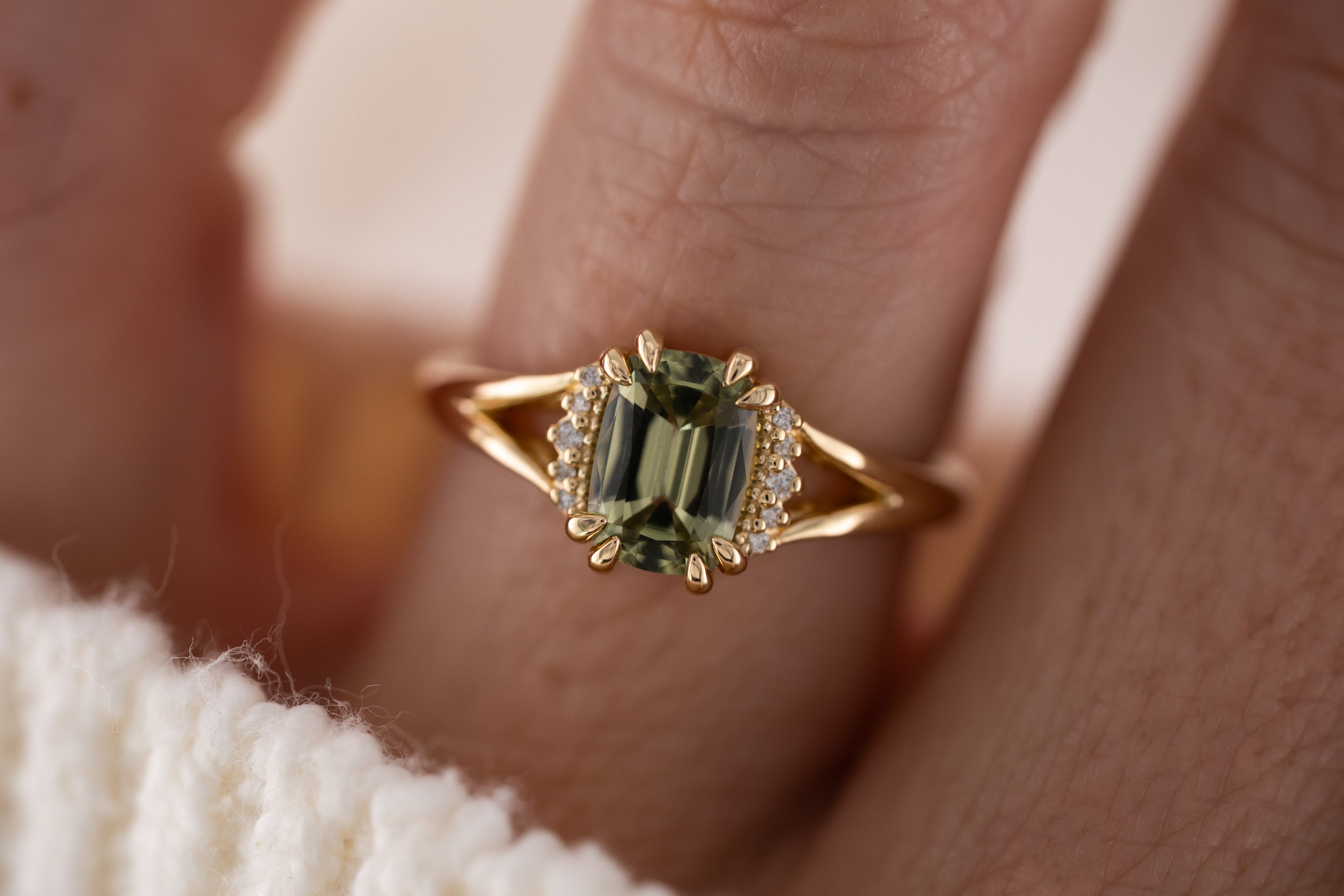 The Serendipity Ring | 1.4 CT Cushion Green Sapphire