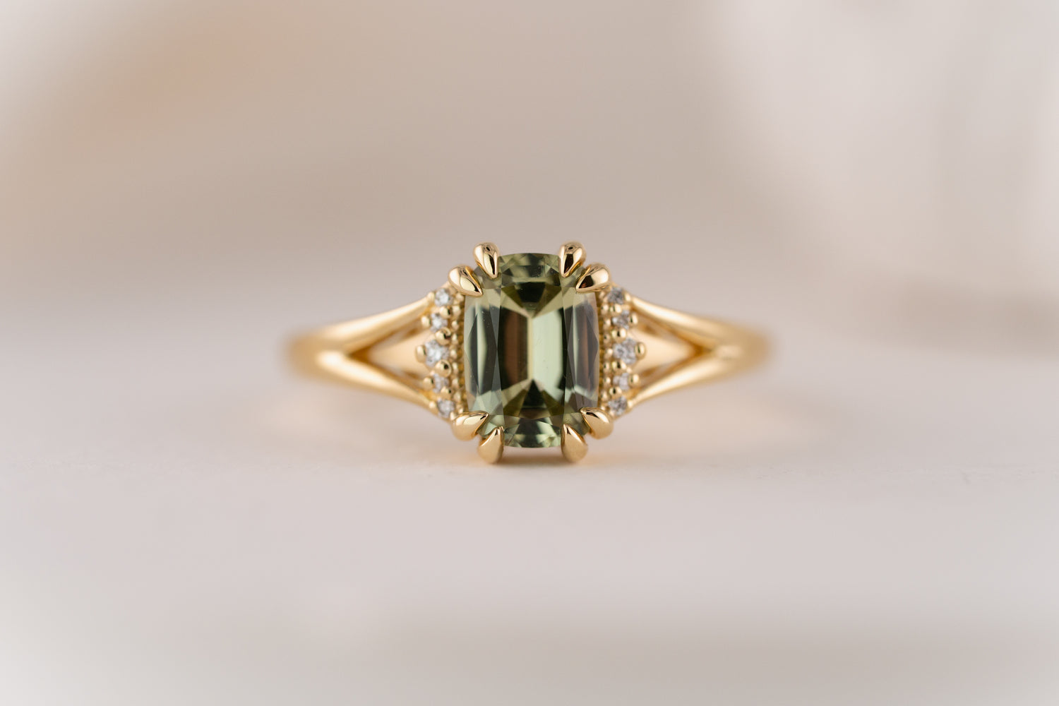 The Serendipity Ring | 1.4 CT Cushion Green Sapphire