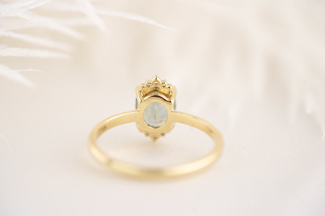 The Half Halo Ring - 1.54 CT Oval Minty Teal Montana Sapphire - Lavender Creek Gems 