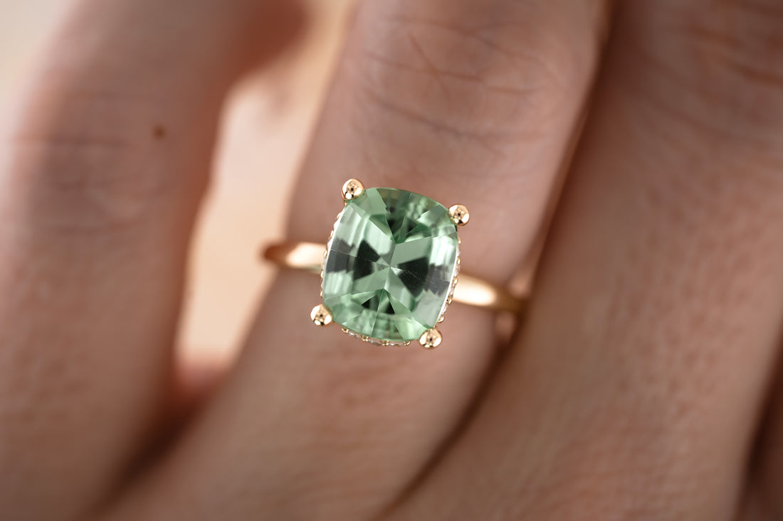 The Hidden Halo Ring - 4.3 CT Cushion Apple Green Tourmaline - Lavender Creek Gems 