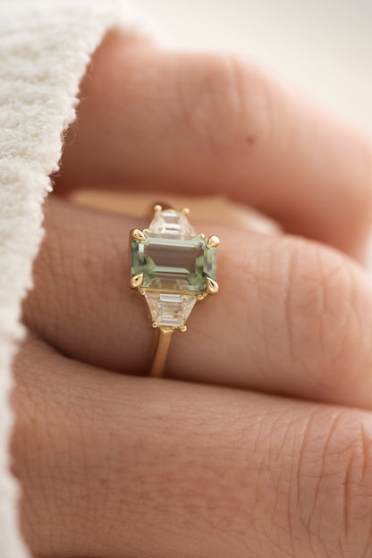 The Tría Ring - 2.1 CT Sage Green Emerald Cut Tourmaline - Lavender Creek Gems 