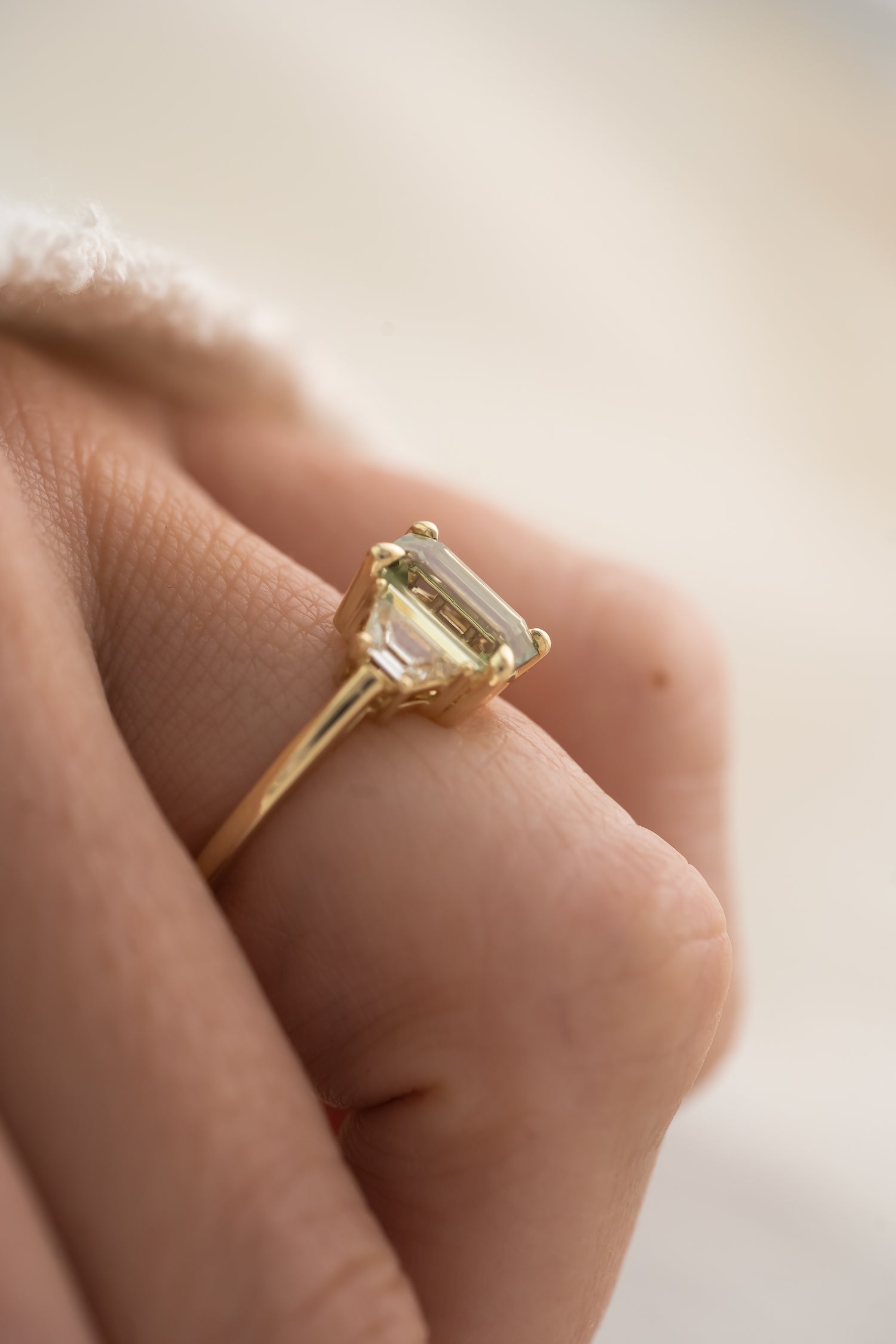 The Tría Ring - 2.1 CT Sage Green Emerald Cut Tourmaline - Lavender Creek Gems 