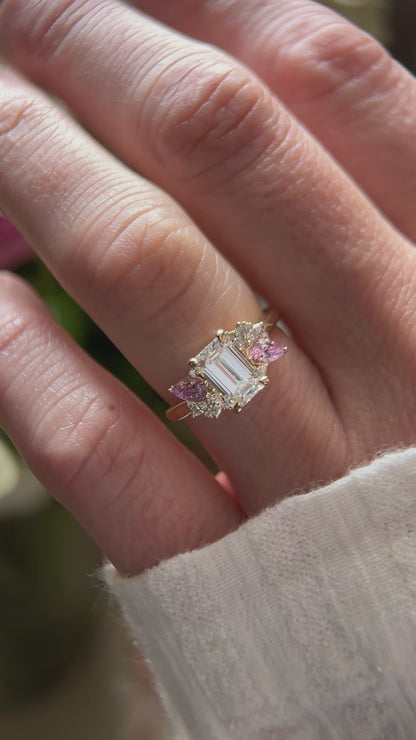 The Fleur Ring - 1.53 CT Emerald Cut Diamond + Pink Sapphire