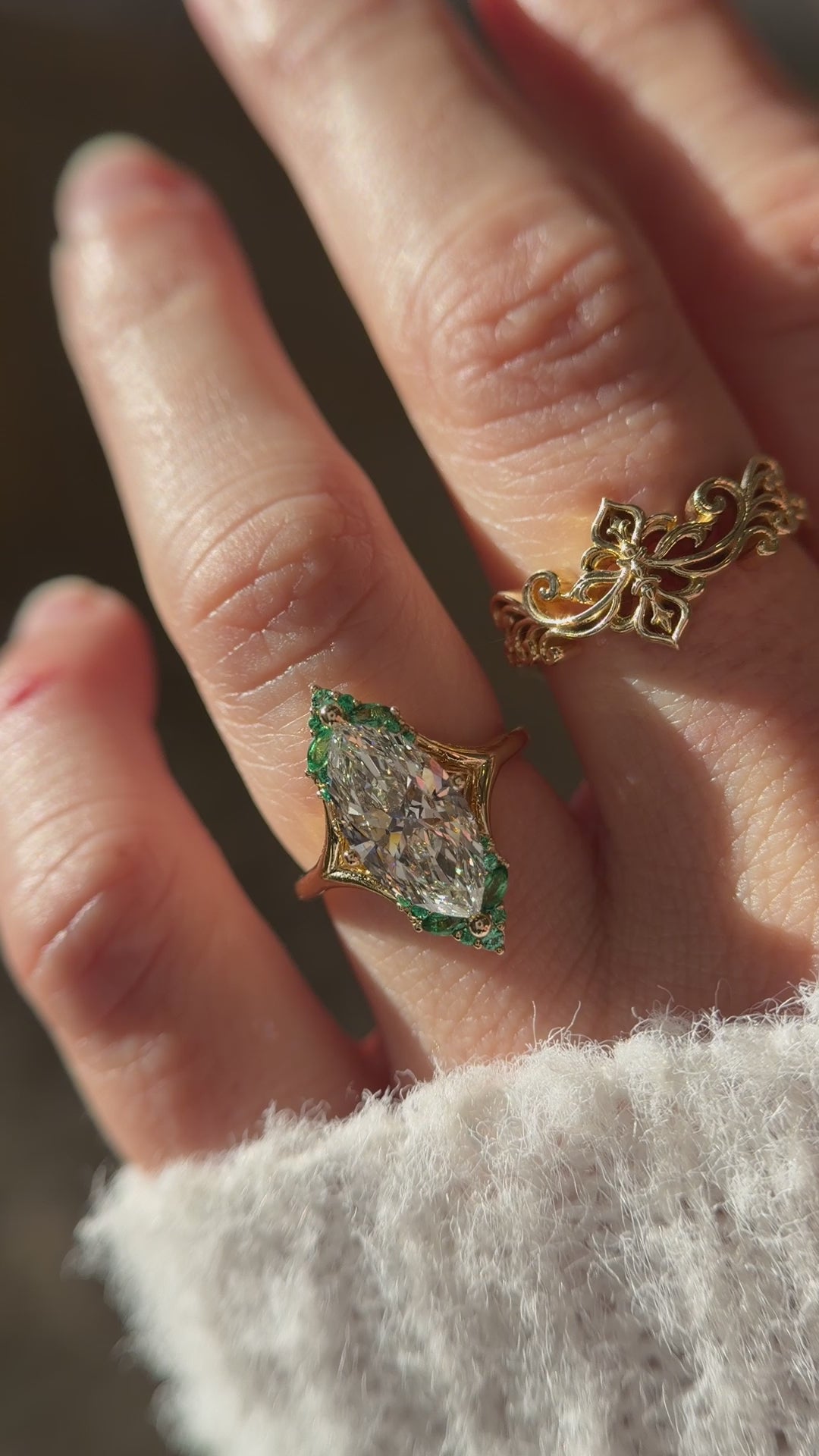 The Everlight Ring | 3 CT Marquise Diamond + Emerald Accents