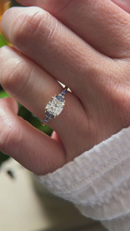 The Maeve Ring - 1.2 CT Cushion Lab Diamond + Royal Blue Sapphire