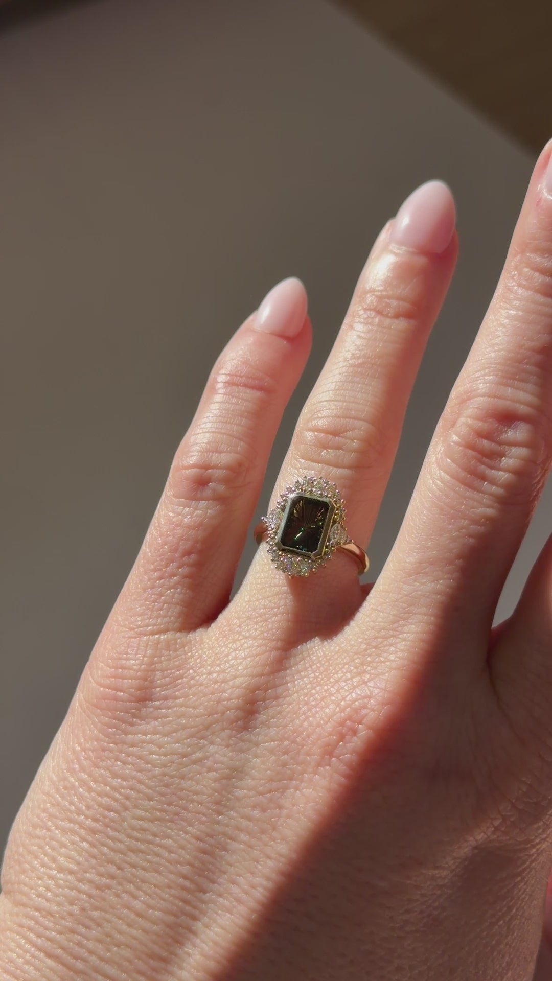 The Ethereal Ring | 2.69 CT Rectangular Starbrite™ Dark Green Bicolor Australian Sapphire