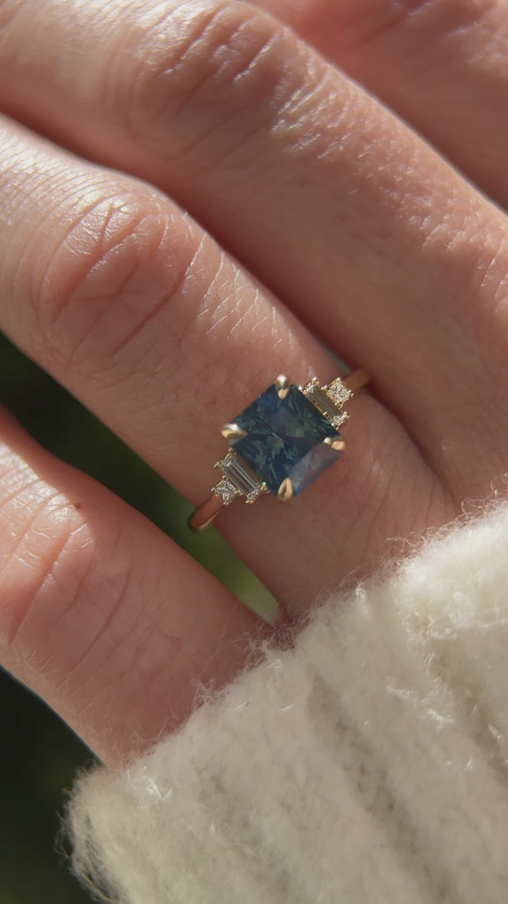 The Mira 3 CT Radiant Teal Sapphire Ring