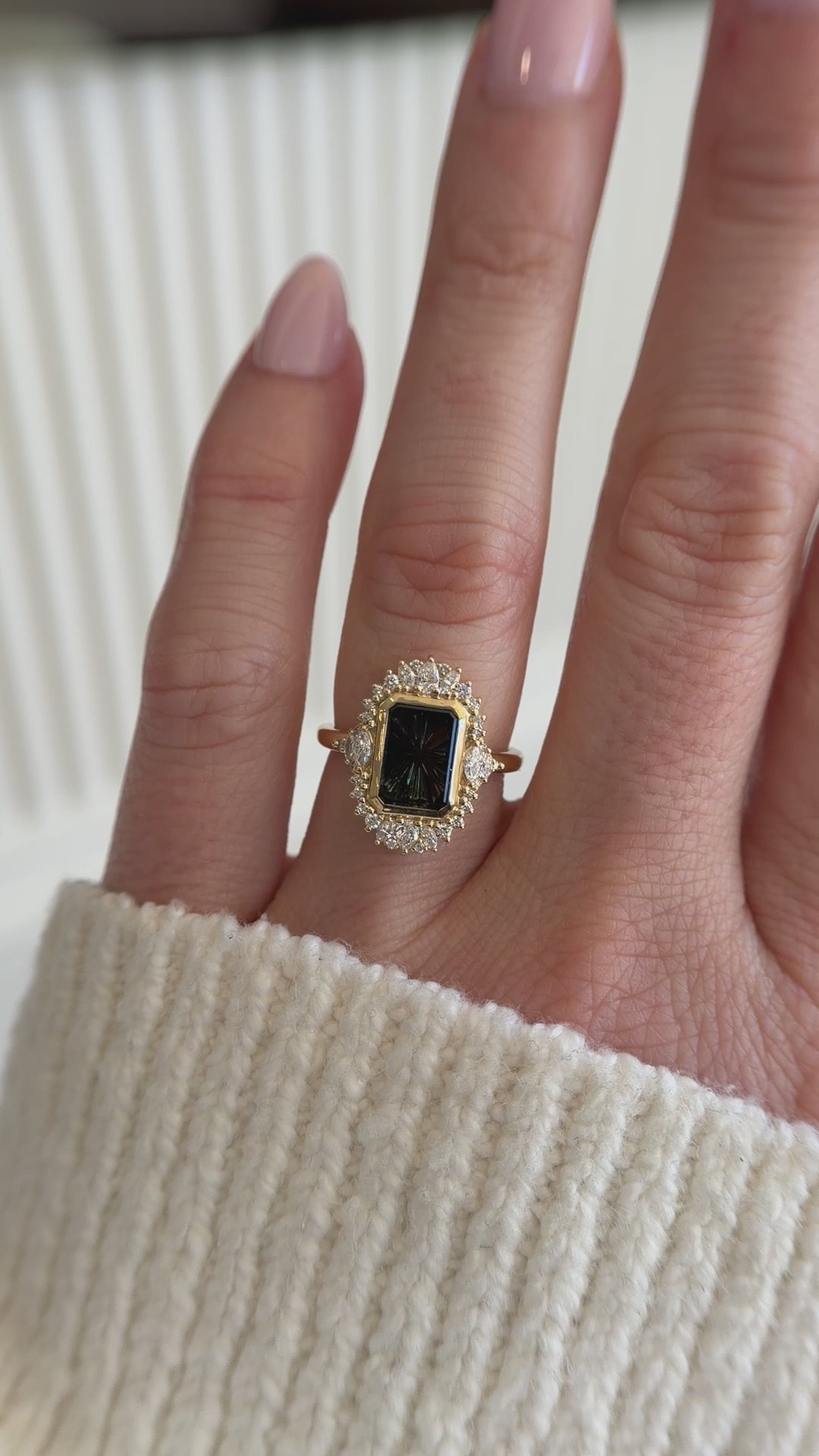 The Ethereal Ring | 2.69 CT Rectangular Starbrite™ Dark Green Bicolor Australian Sapphire