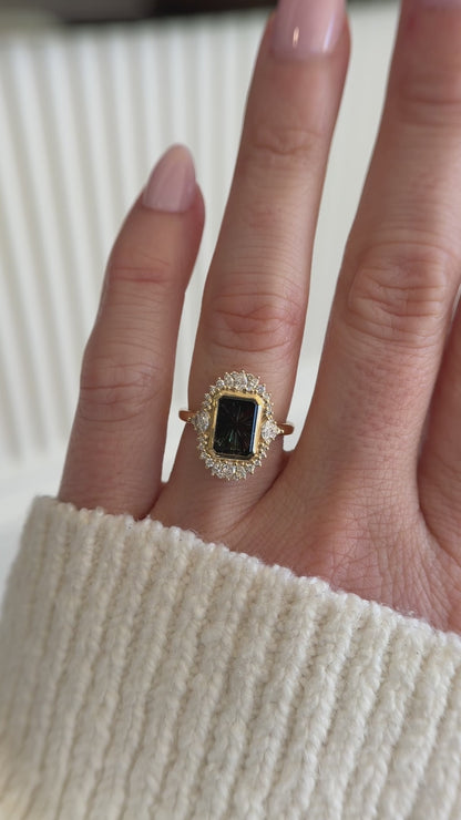 The Ethereal Ring | 2.69 CT Rectangular Starbrite™ Dark Green Bicolor Australian Sapphire
