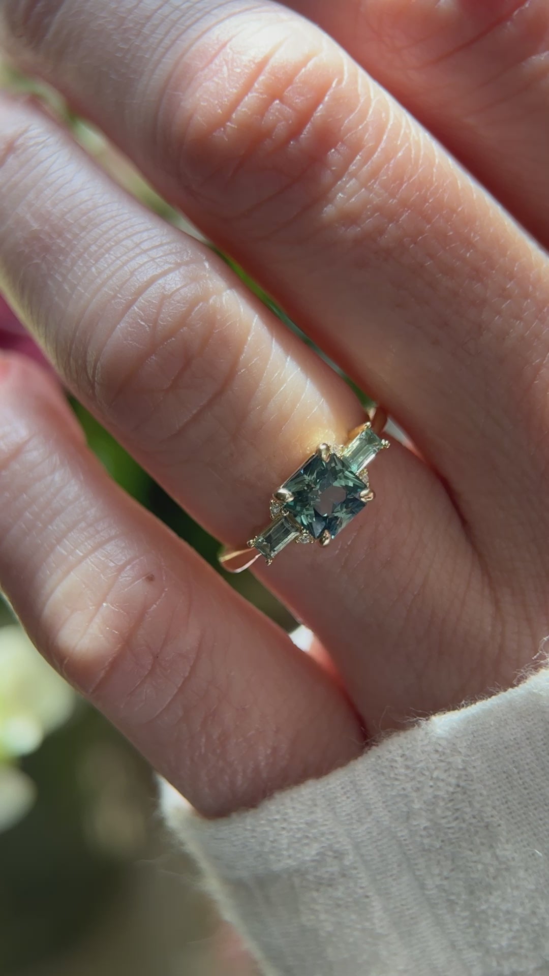 The Meridian Ring - 1.62 CT Teal Green Radiant Sapphire + Montana Sapphire