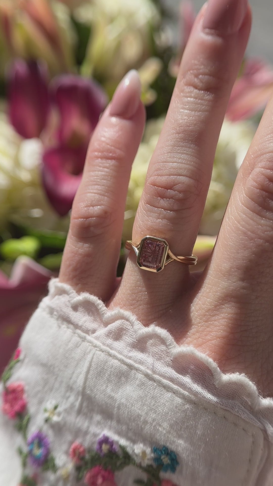 The Bezel Fates Ring | 2.06 CT Rectangular Starbrite™ Malaya Peach Garnet