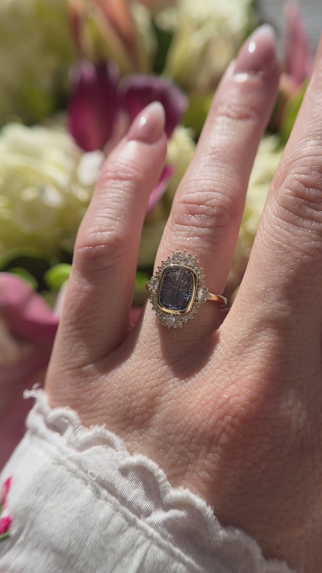 The Ethereal Ring | 3.82 Elongated Cushion Starbrite™ Bicolor Blue Sapphire