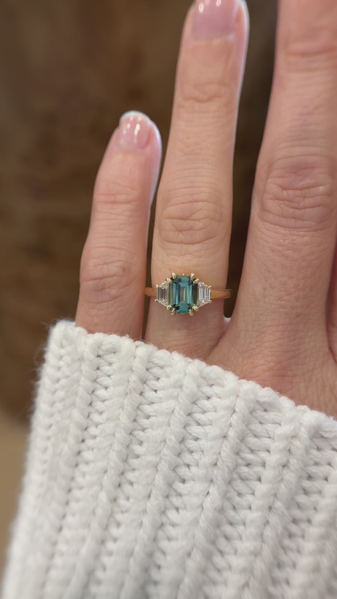 The Tría Ring | 1.85 CT Emerald Cut Teal Green Sapphire