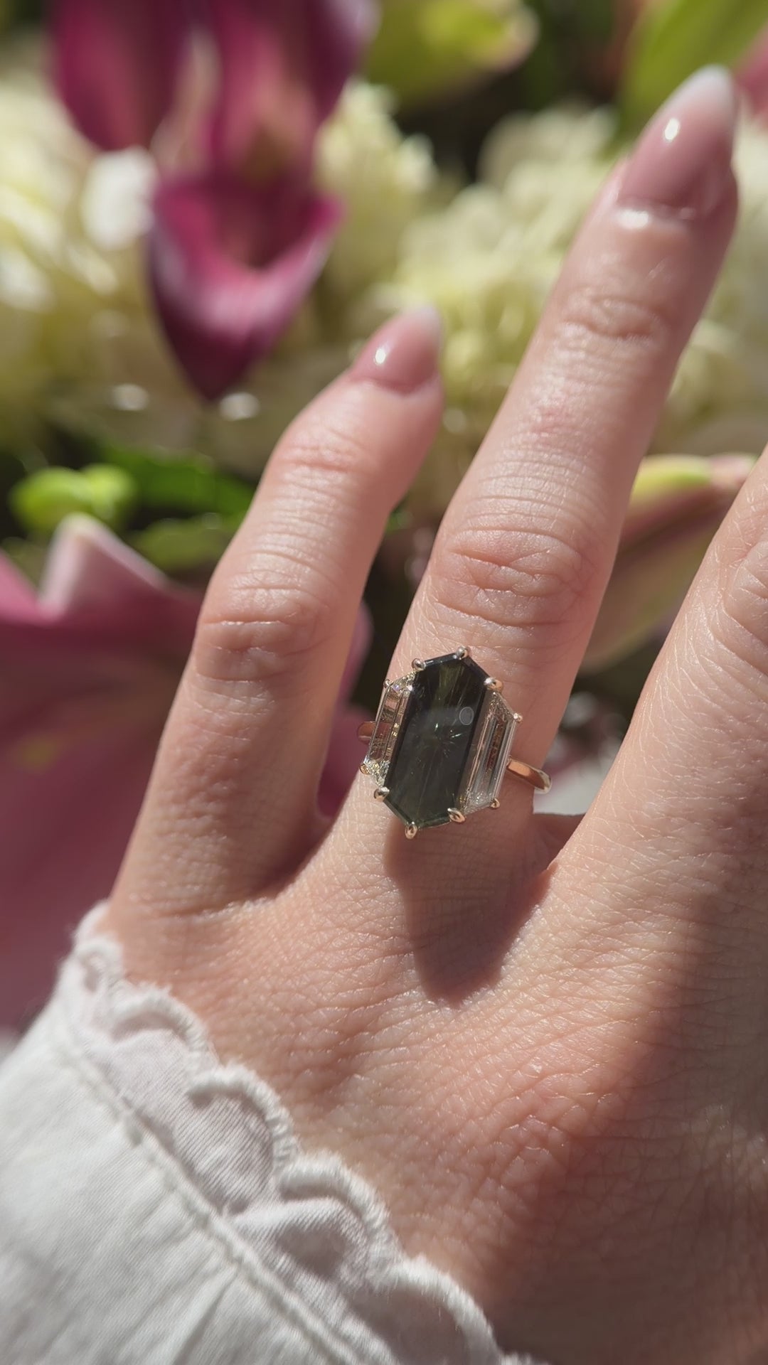 The Tria Ring | 5.52 CT Elongated Hexagon Starbrite™ Green Australian Sapphire