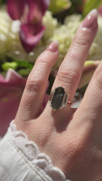 The Tria Ring | 5.52 CT Elongated Hexagon Starbrite™ Green Australian Sapphire