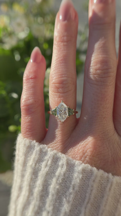 The Tria Ring | 2.4 CT Dutch Marquise Diamond + Green Sapphire