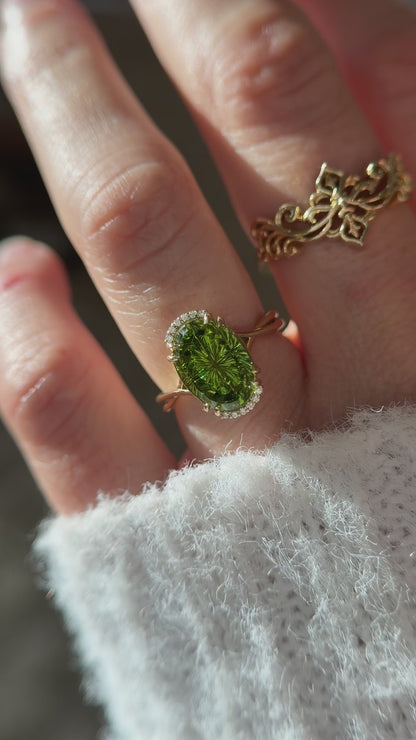 The Fates Ring - Half Halo | 4.35 Oval Starbrite™ Green Tourmaline