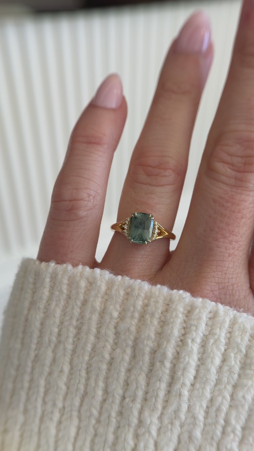 The Serendipity Ring | 2.57 CT Elongated Cushion Green Sapphire
