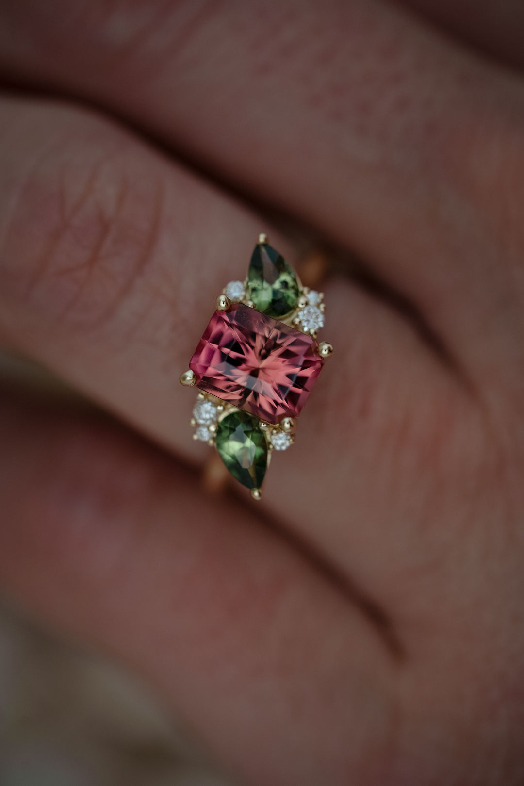 The Fleur 2.82 CT Radiant Pink Tourmaline + Green Sapphire Ring
