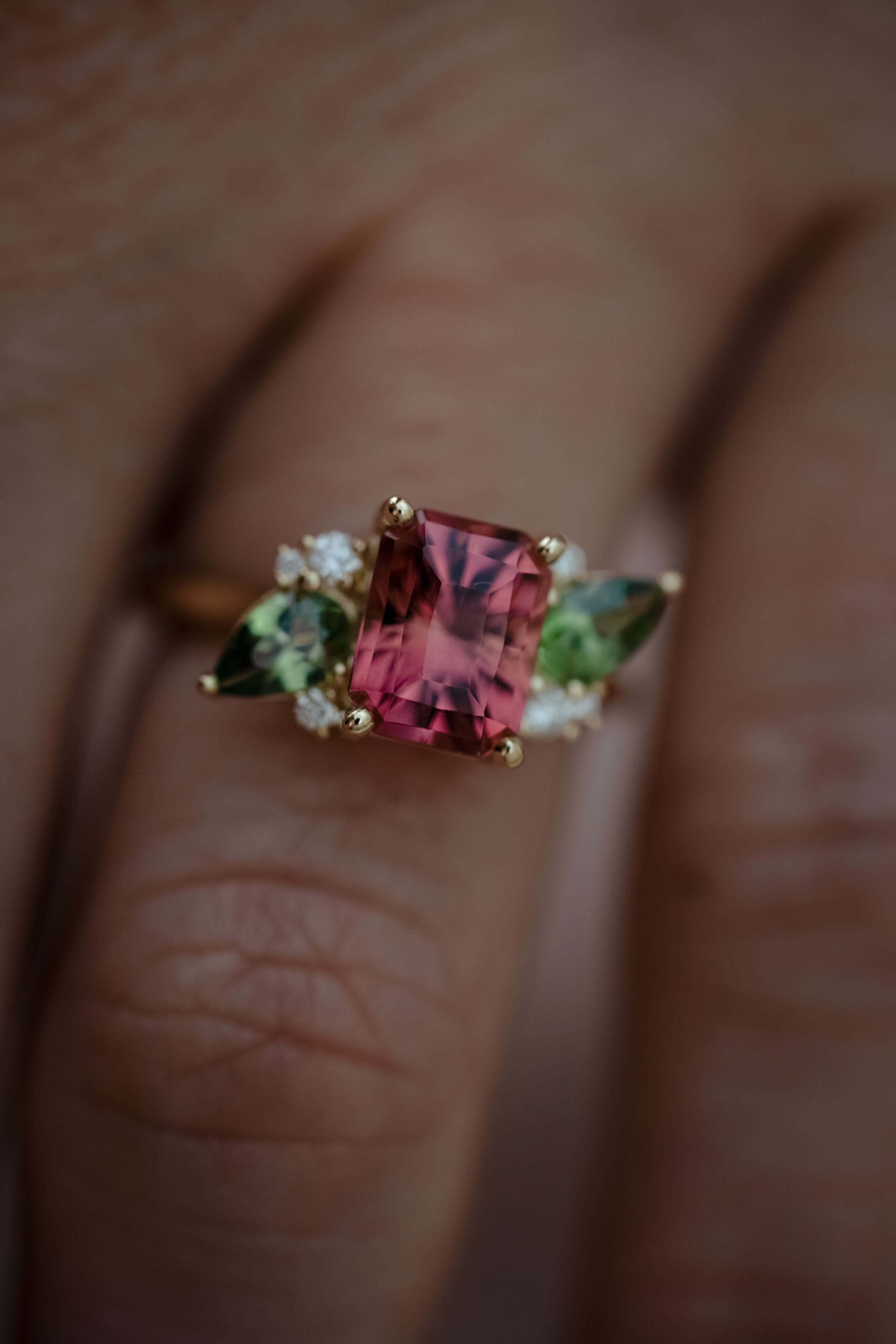 The Fleur 2.82 CT Radiant Pink Tourmaline + Green Sapphire Ring