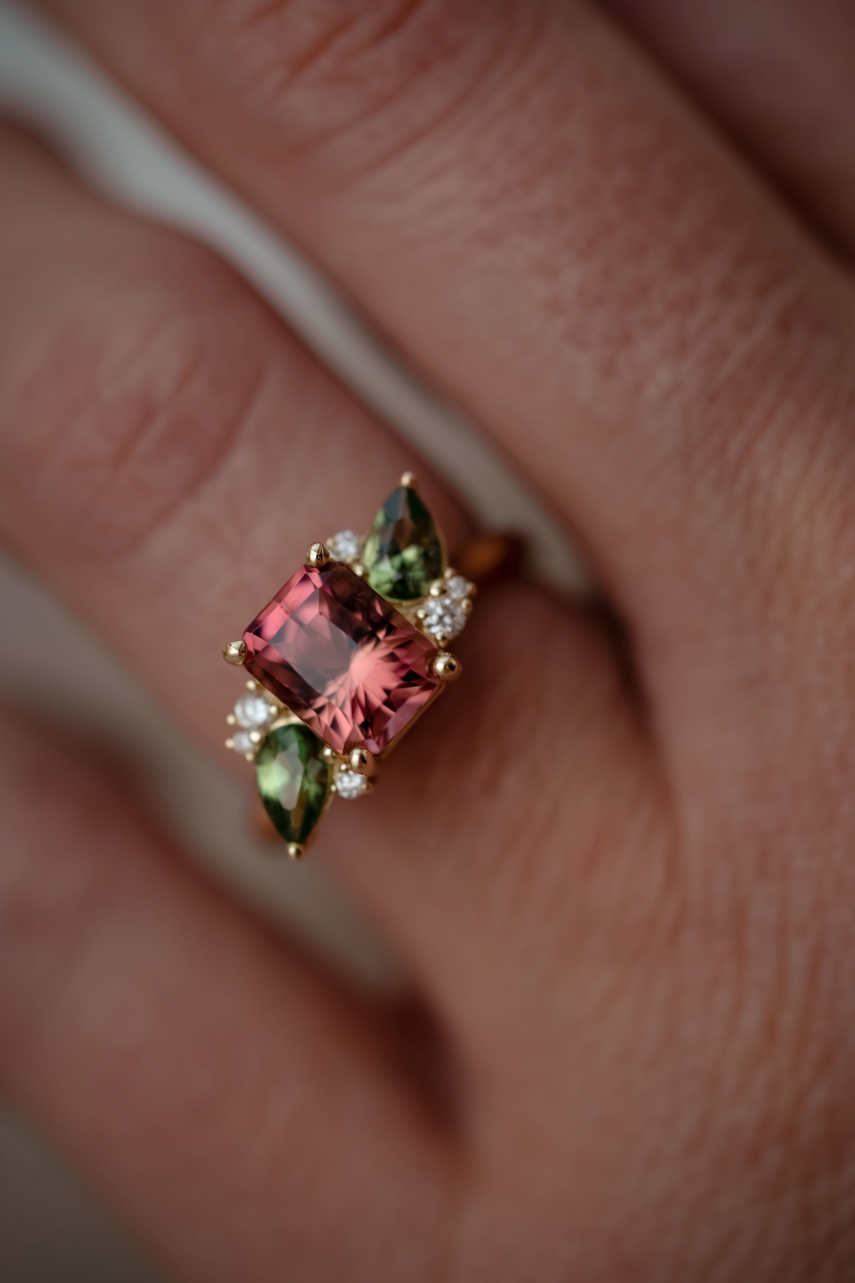 The Fleur 2.82 CT Radiant Pink Tourmaline + Green Sapphire Ring