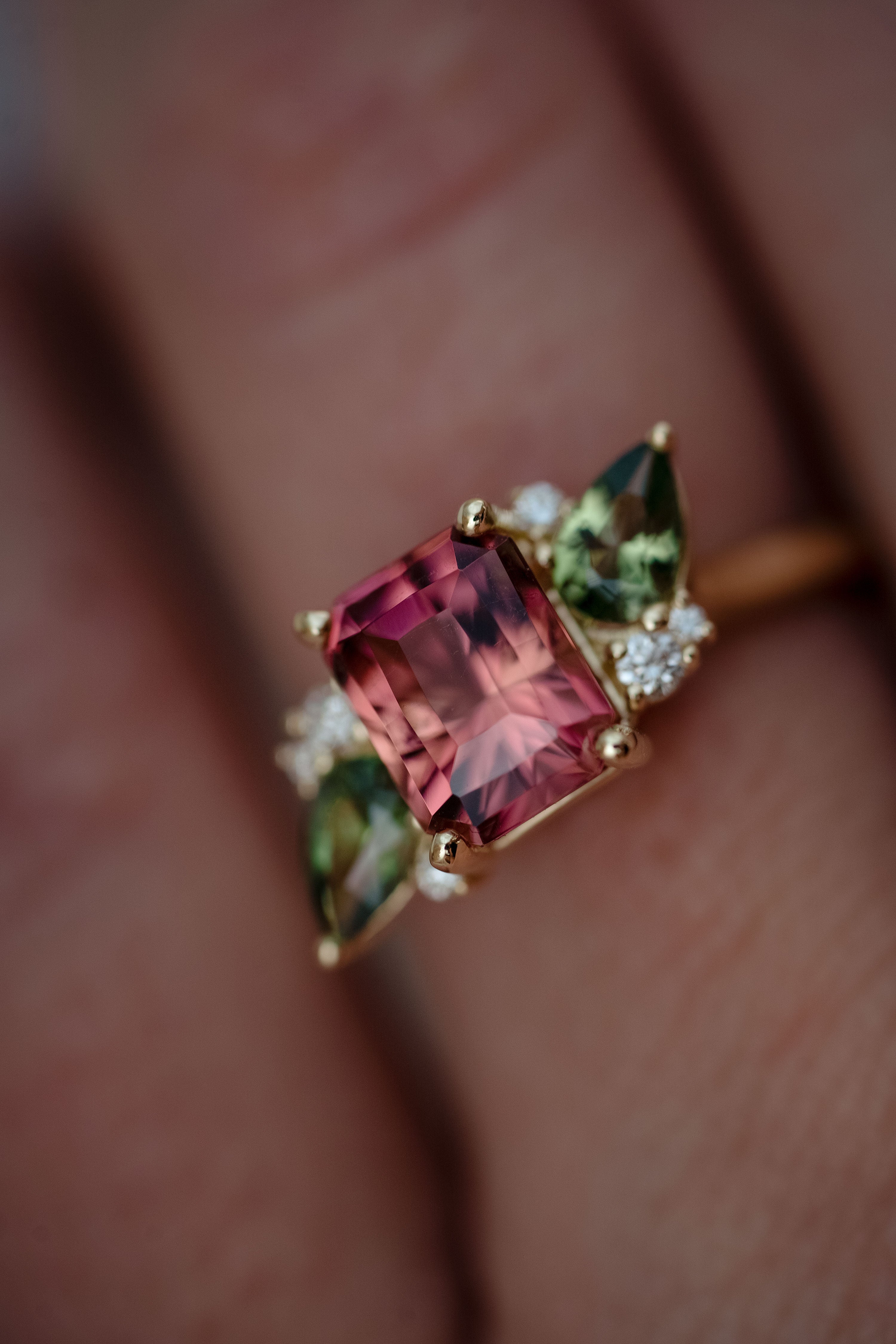 The Fleur 2.82 CT Radiant Pink Tourmaline + Green Sapphire Ring