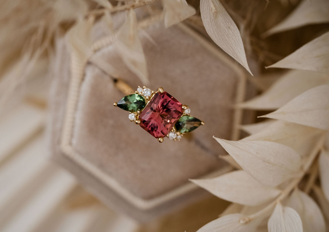 The Fleur 2.82 CT Radiant Pink Tourmaline + Green Sapphire Ring