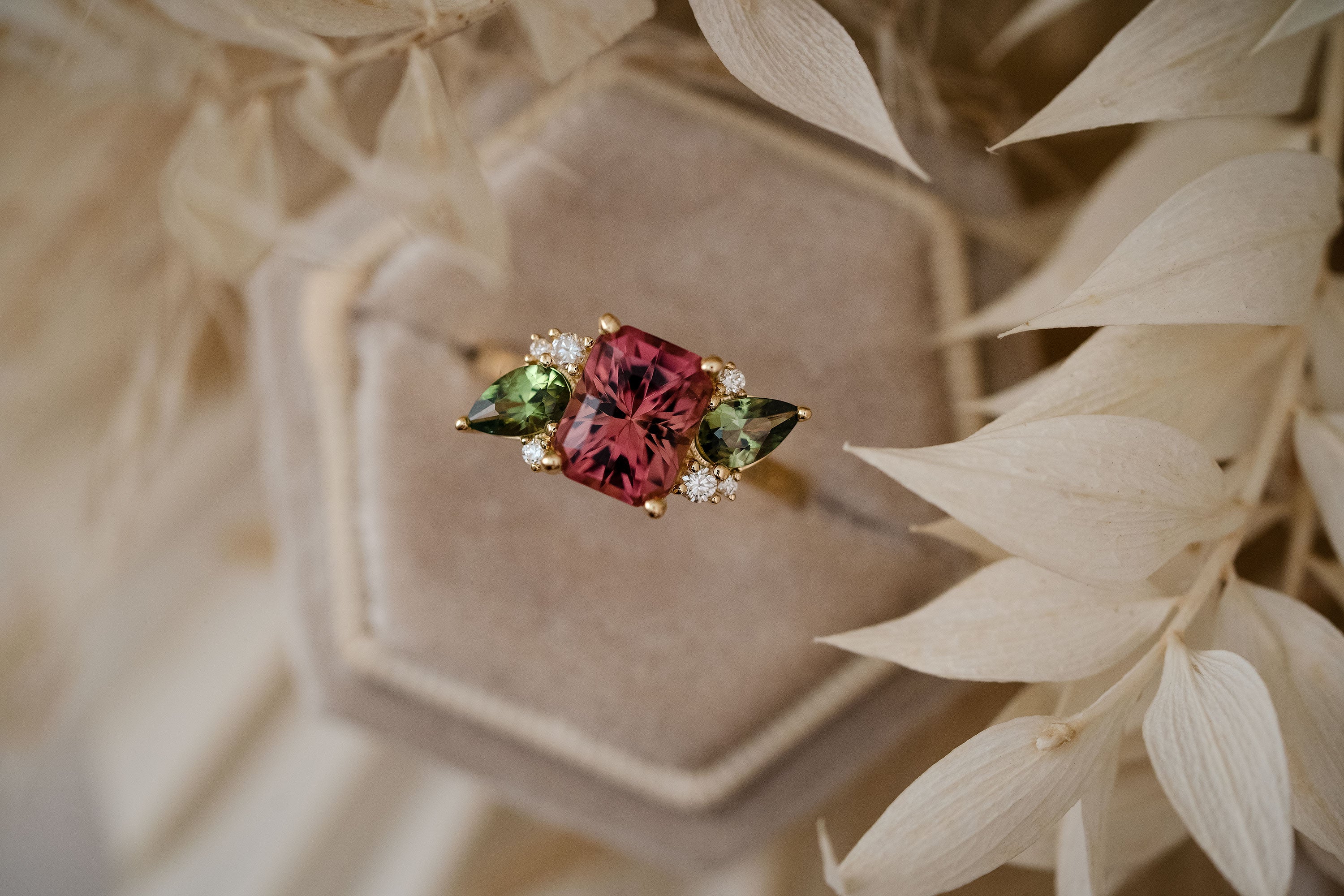 The Fleur 2.82 CT Radiant Pink Tourmaline + Green Sapphire Ring