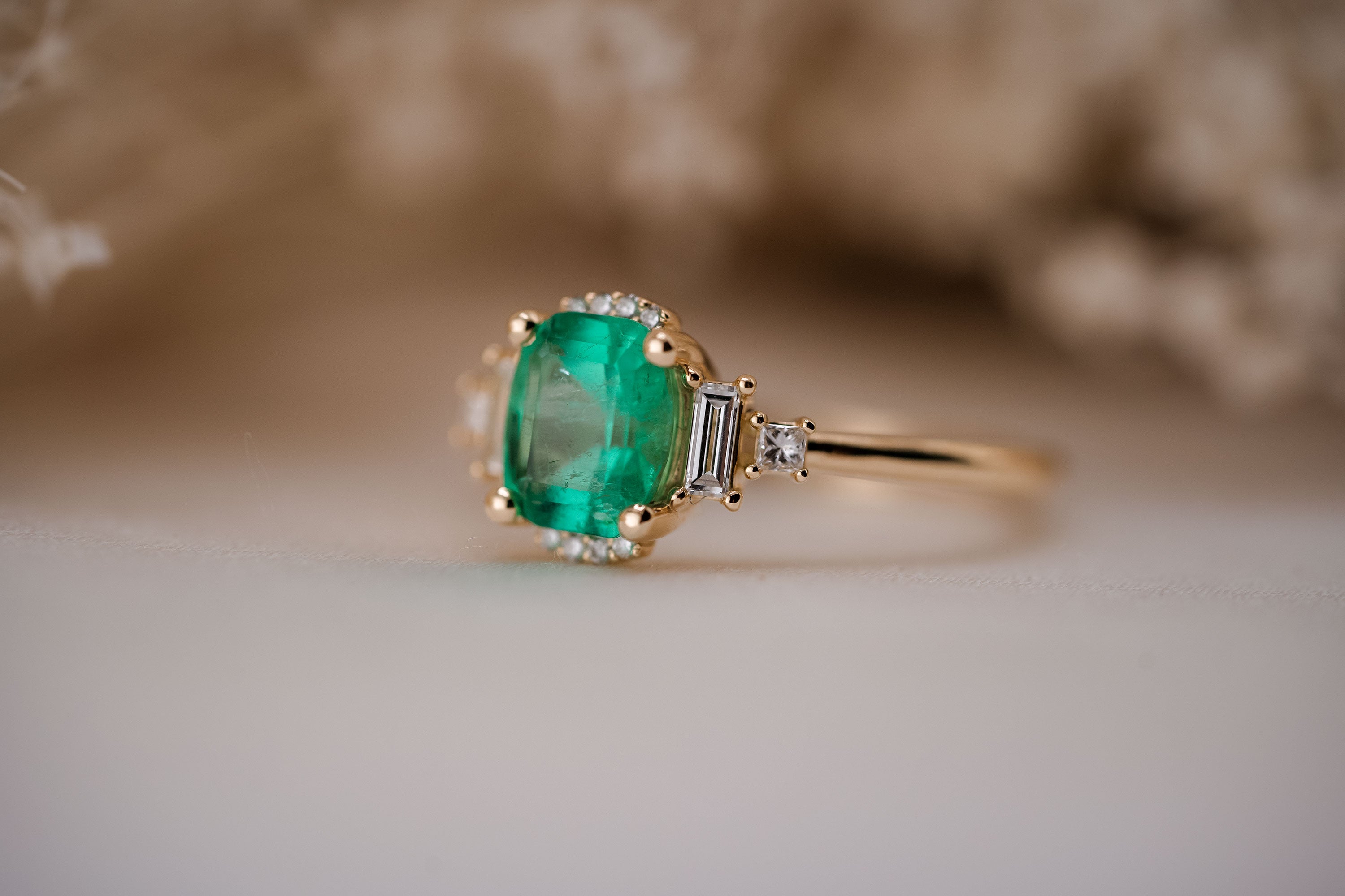 The Sura 1.1 CT Antique Cushion Emerald Ring - Lavender Creek Gems 