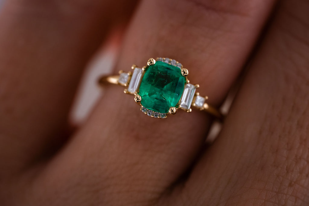 The Sura 1.1 CT Antique Cushion Emerald Ring - Lavender Creek Gems 