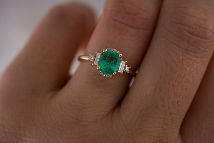 The Sura 1.1 CT Antique Cushion Emerald Ring
