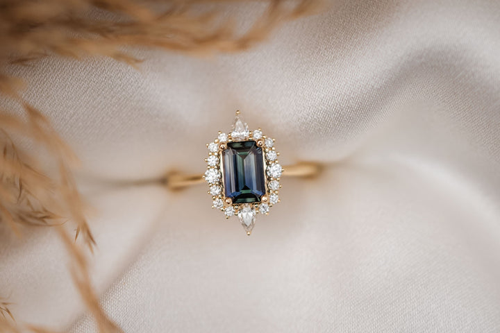 1.60 Ct Emerald Cut Peacock Sapphire Engagement Ring